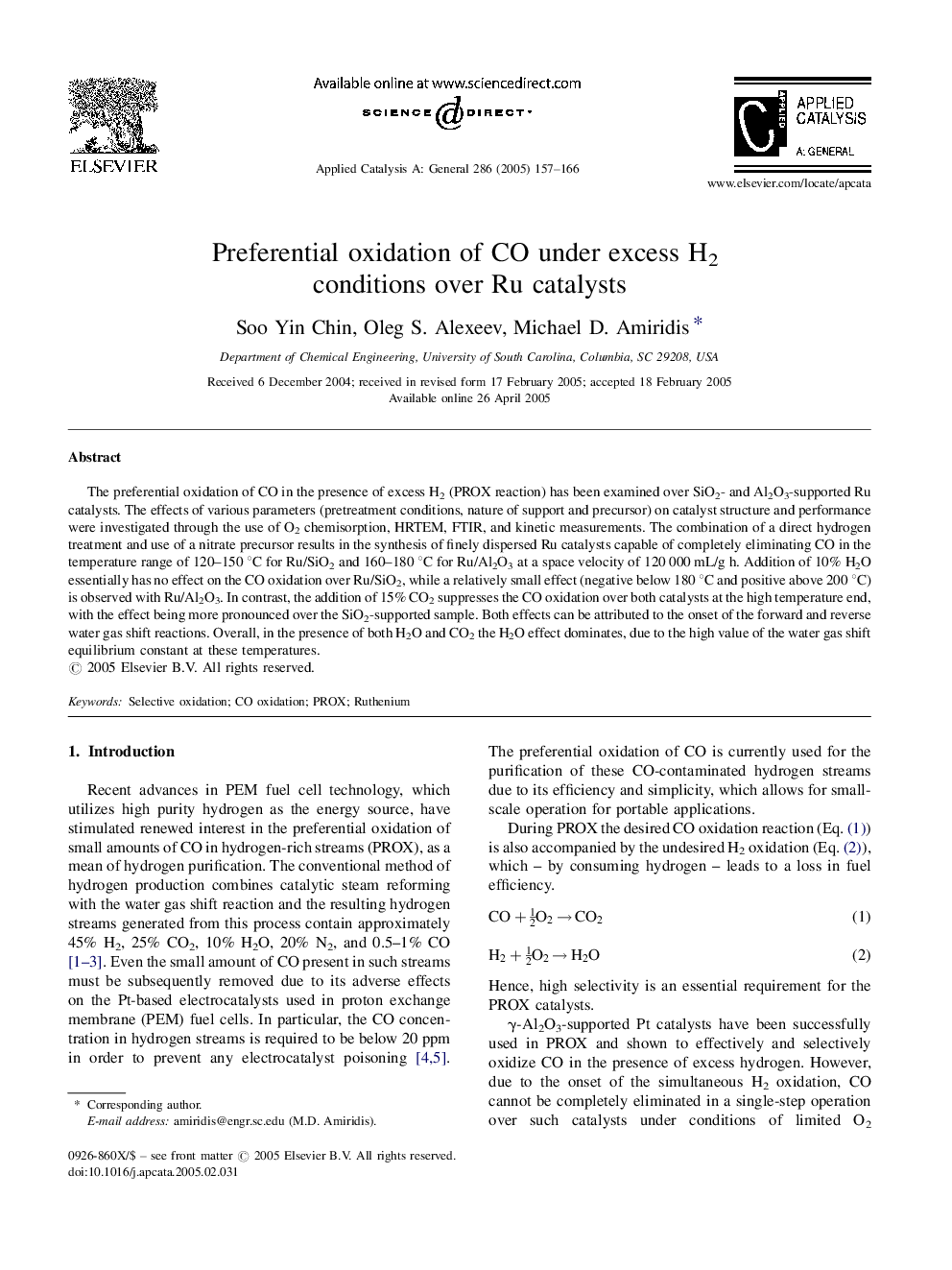 Preferential oxidation of CO under excess H2 conditions over Ru catalysts