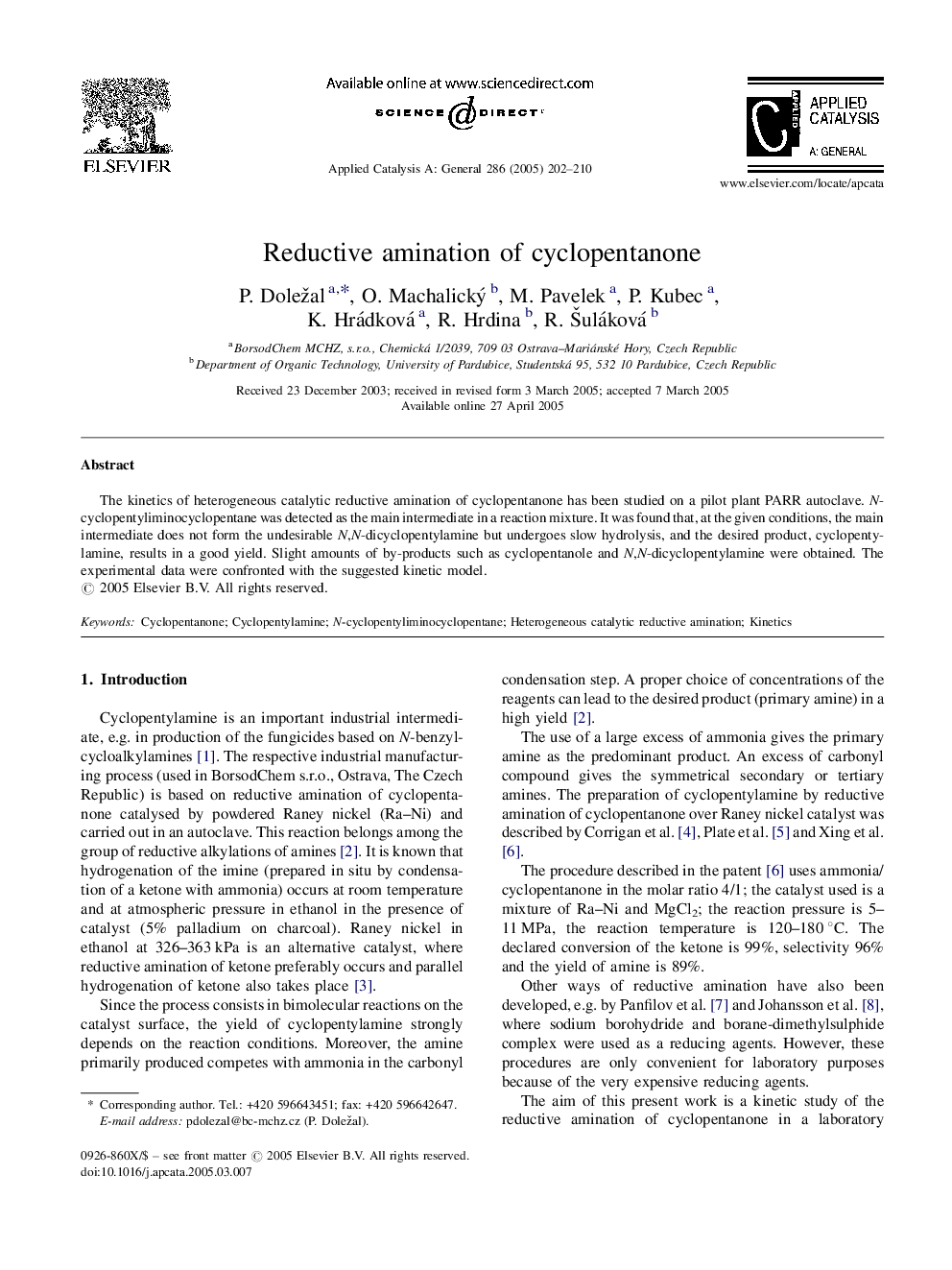 Reductive amination of cyclopentanone