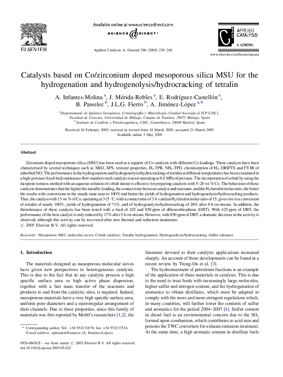 Catalysts based on Co/zirconium doped mesoporous silica MSU for the hydrogenation and hydrogenolysis/hydrocracking of tetralin