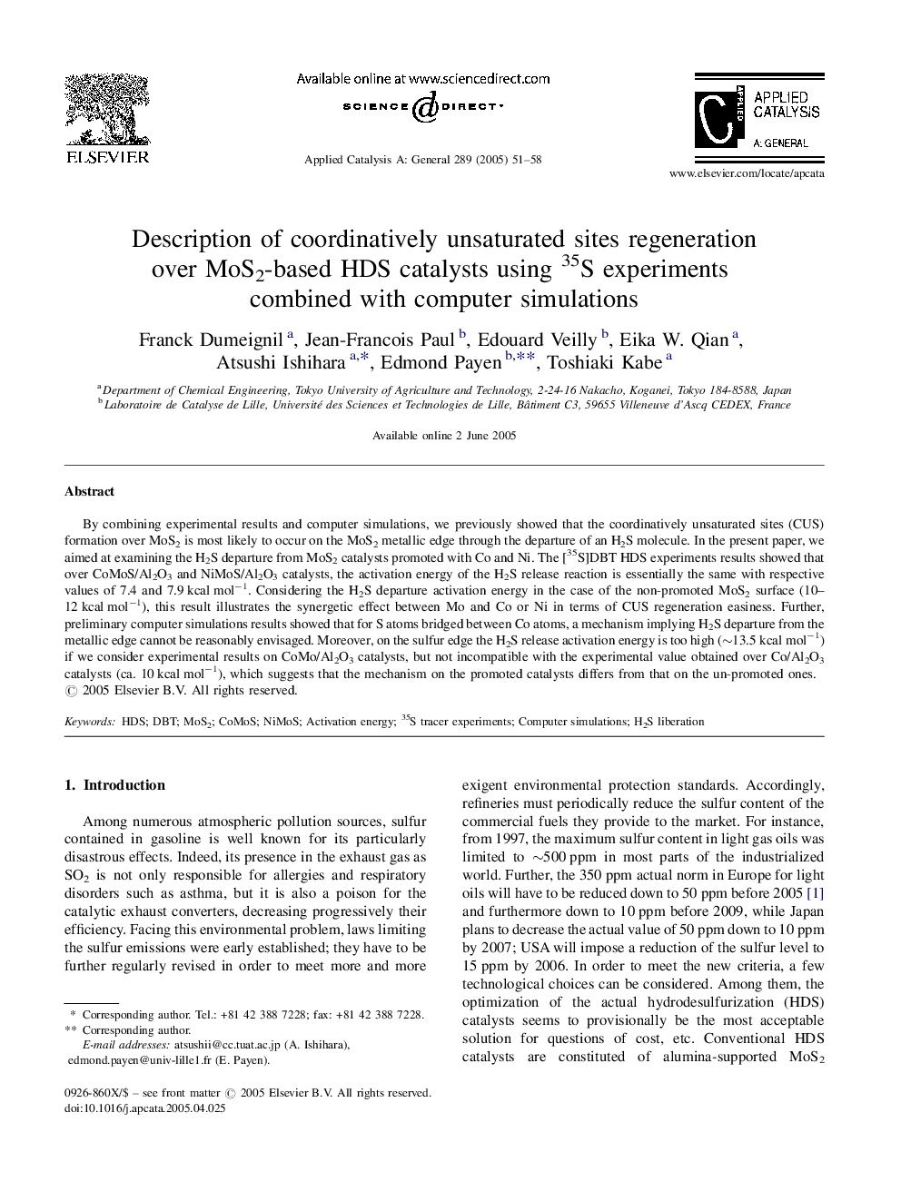 Description of coordinatively unsaturated sites regeneration over MoS2-based HDS catalysts using 35S experiments combined with computer simulations