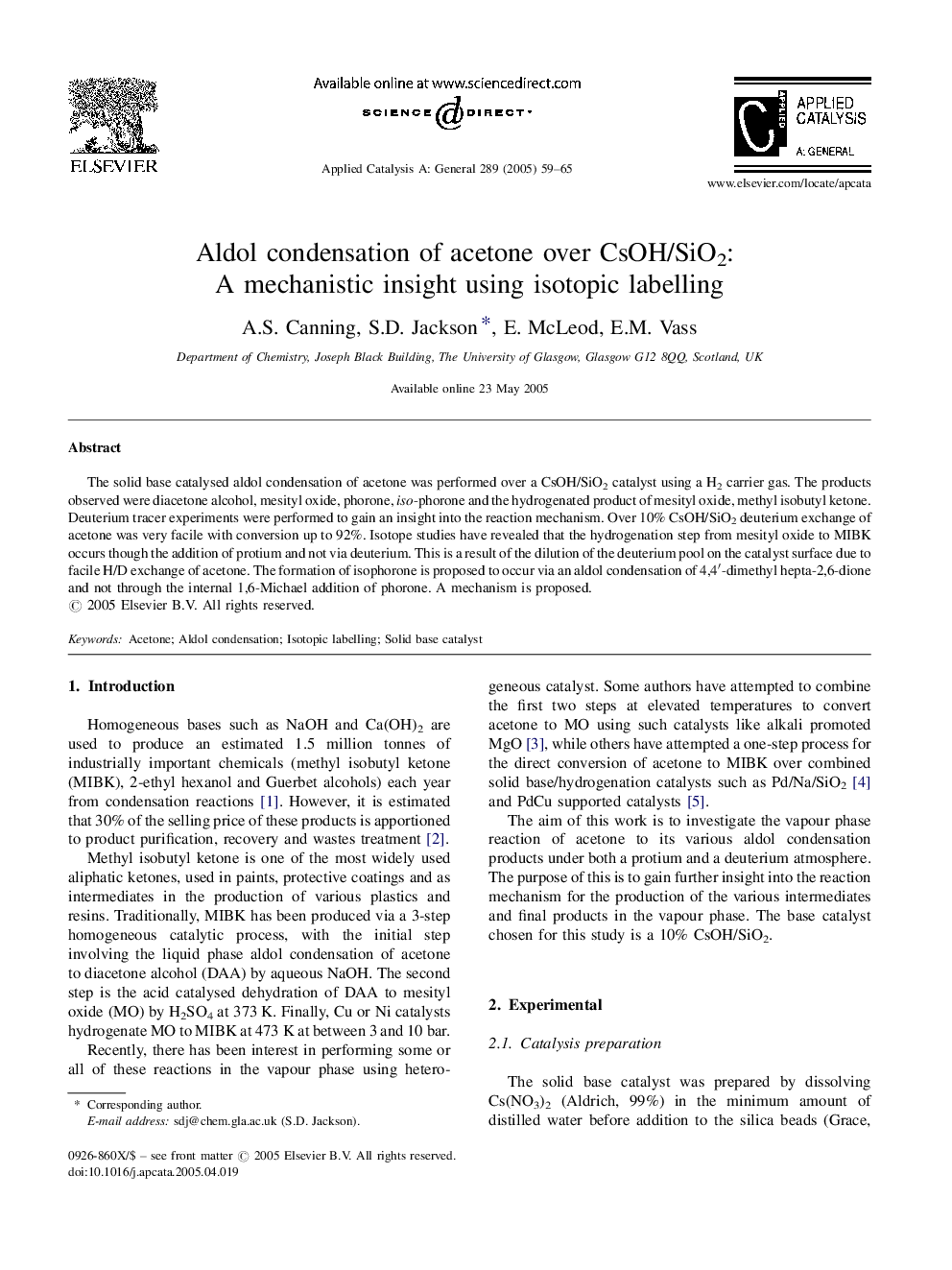 Aldol condensation of acetone over CsOH/SiO2: A mechanistic insight using isotopic labelling