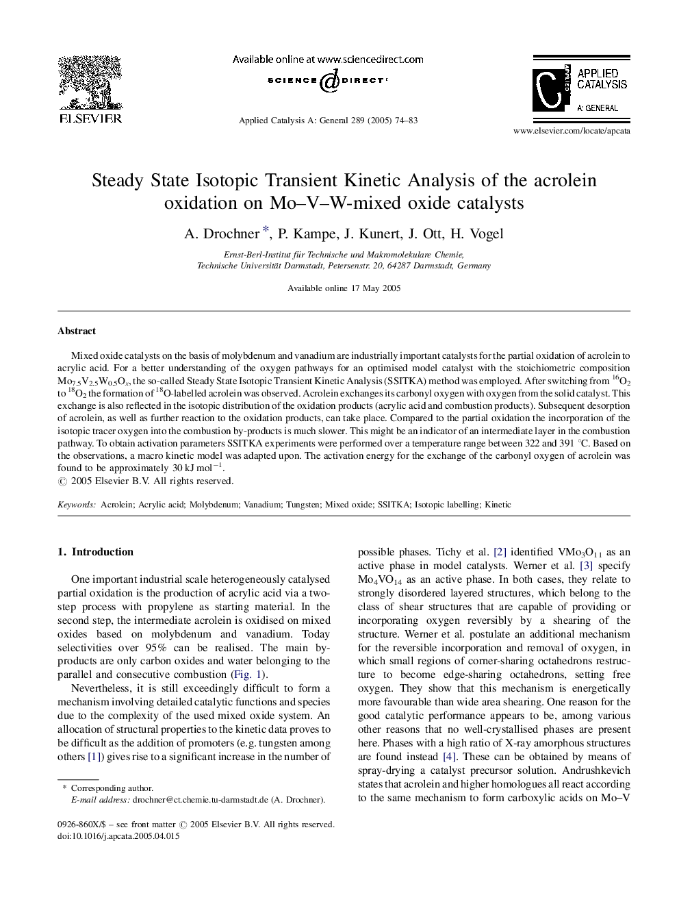 Steady State Isotopic Transient Kinetic Analysis of the acrolein oxidation on Mo-V-W-mixed oxide catalysts