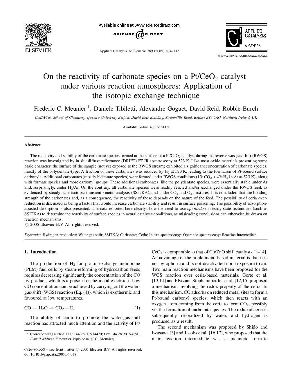 On the reactivity of carbonate species on a Pt/CeO2 catalyst under various reaction atmospheres: Application of the isotopic exchange technique