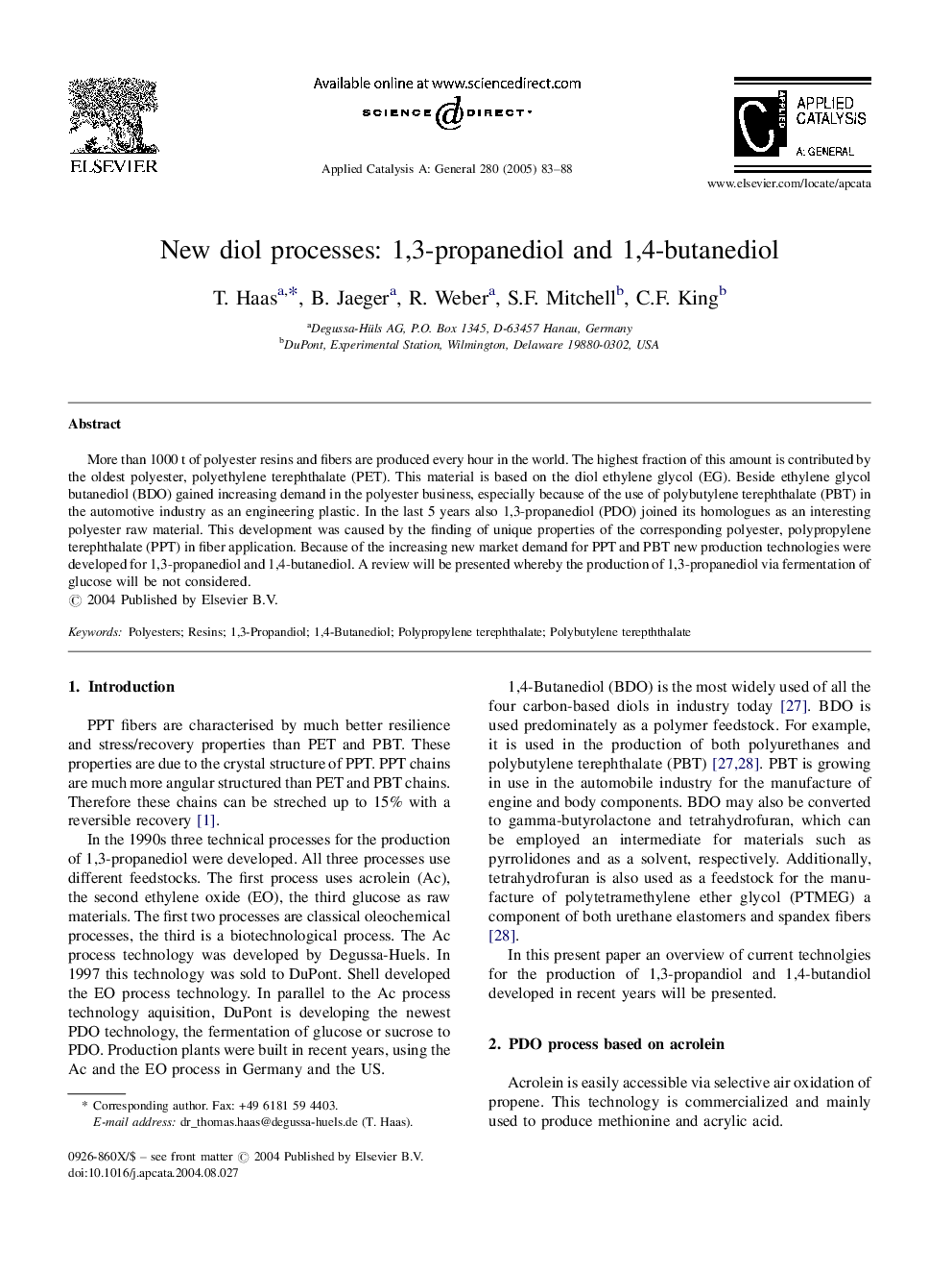 New diol processes: 1,3-propanediol and 1,4-butanediol