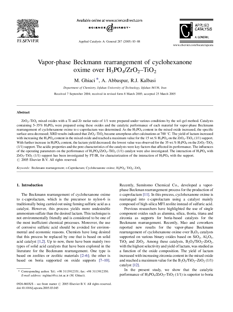 Vapor-phase Beckmann rearrangement of cyclohexanone oxime over H3PO4/ZrO2-TiO2