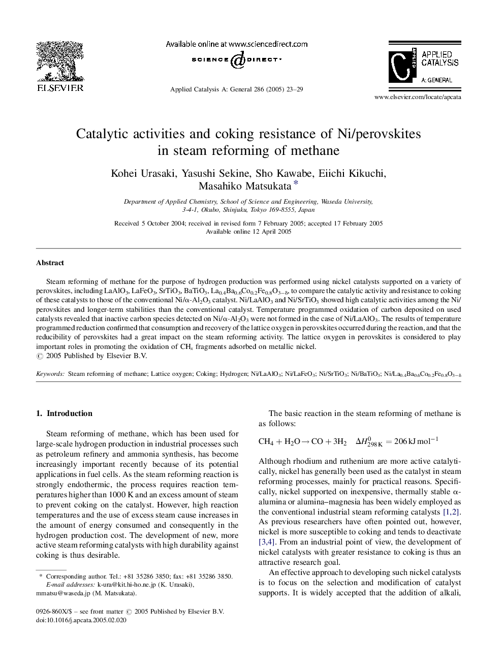 Catalytic activities and coking resistance of Ni/perovskites in steam reforming of methane