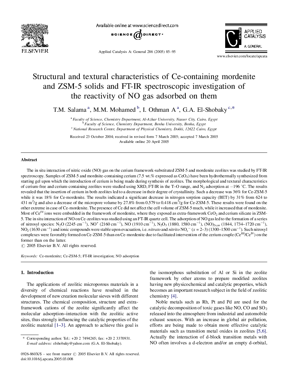 Structural and textural characteristics of Ce-containing mordenite and ZSM-5 solids and FT-IR spectroscopic investigation of the reactivity of NO gas adsorbed on them