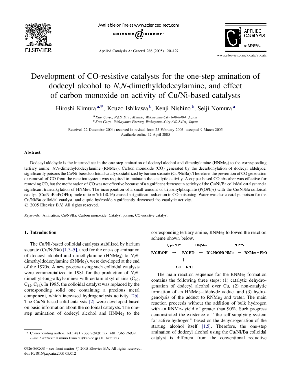 Development of CO-resistive catalysts for the one-step amination of dodecyl alcohol to N,N-dimethyldodecylamine, and effect of carbon monoxide on activity of Cu/Ni-based catalysts