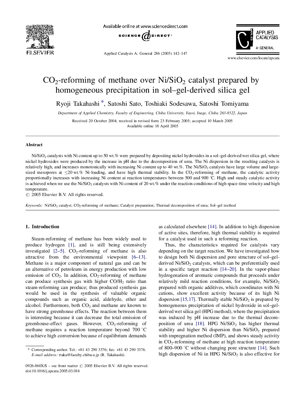 CO2-reforming of methane over Ni/SiO2 catalyst prepared by homogeneous precipitation in sol-gel-derived silica gel