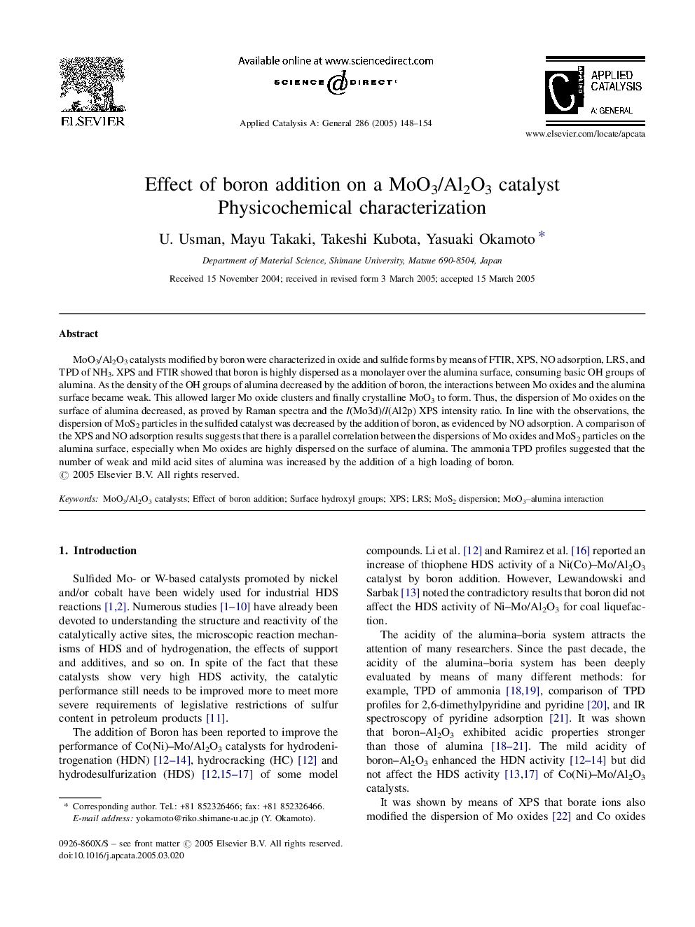 Effect of boron addition on a MoO3/Al2O3 catalyst