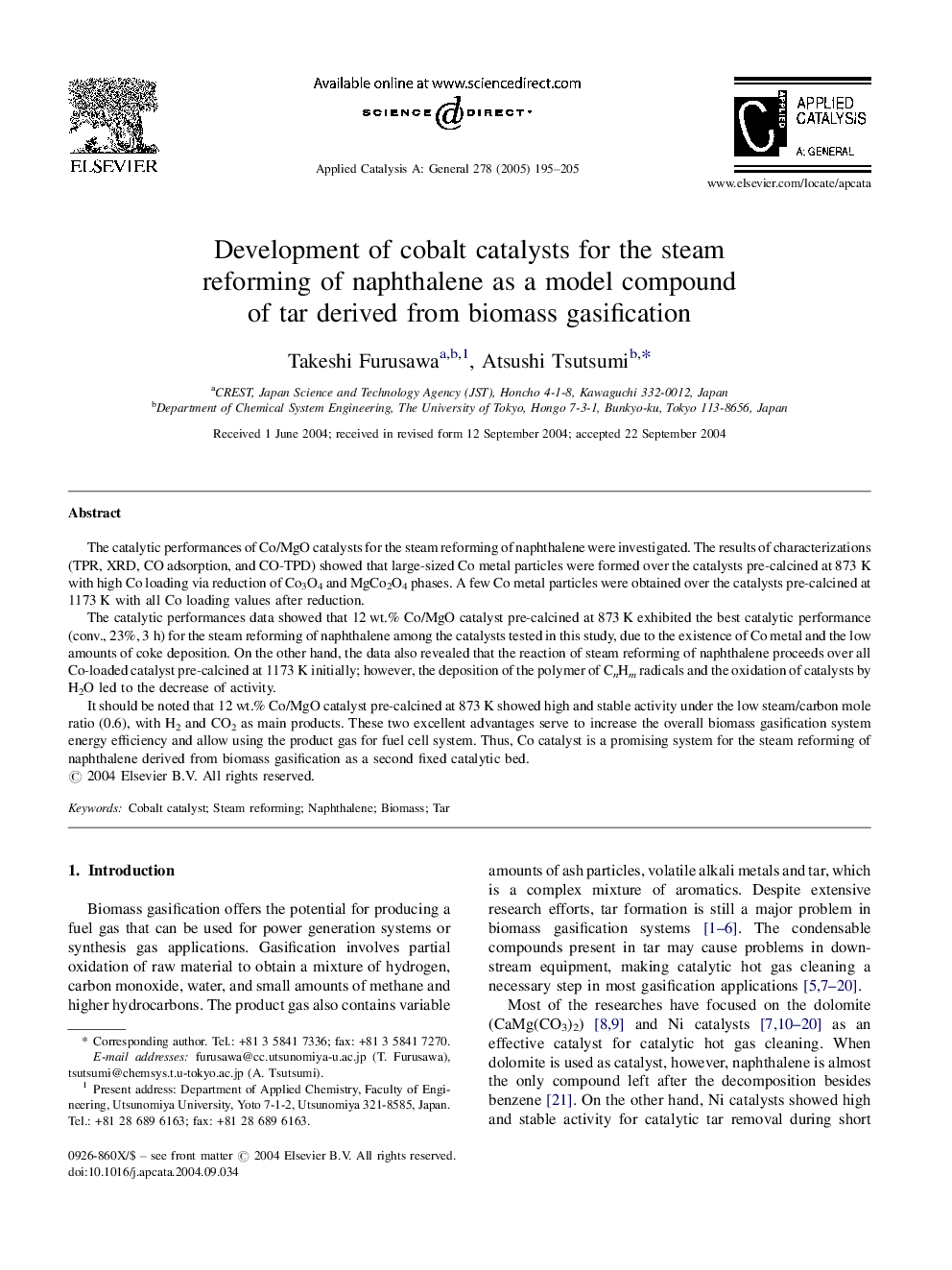 Development of cobalt catalysts for the steam reforming of naphthalene as a model compound of tar derived from biomass gasification