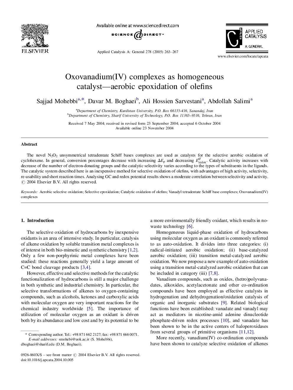 Oxovanadium(IV) complexes as homogeneous catalyst-aerobic epoxidation of olefins