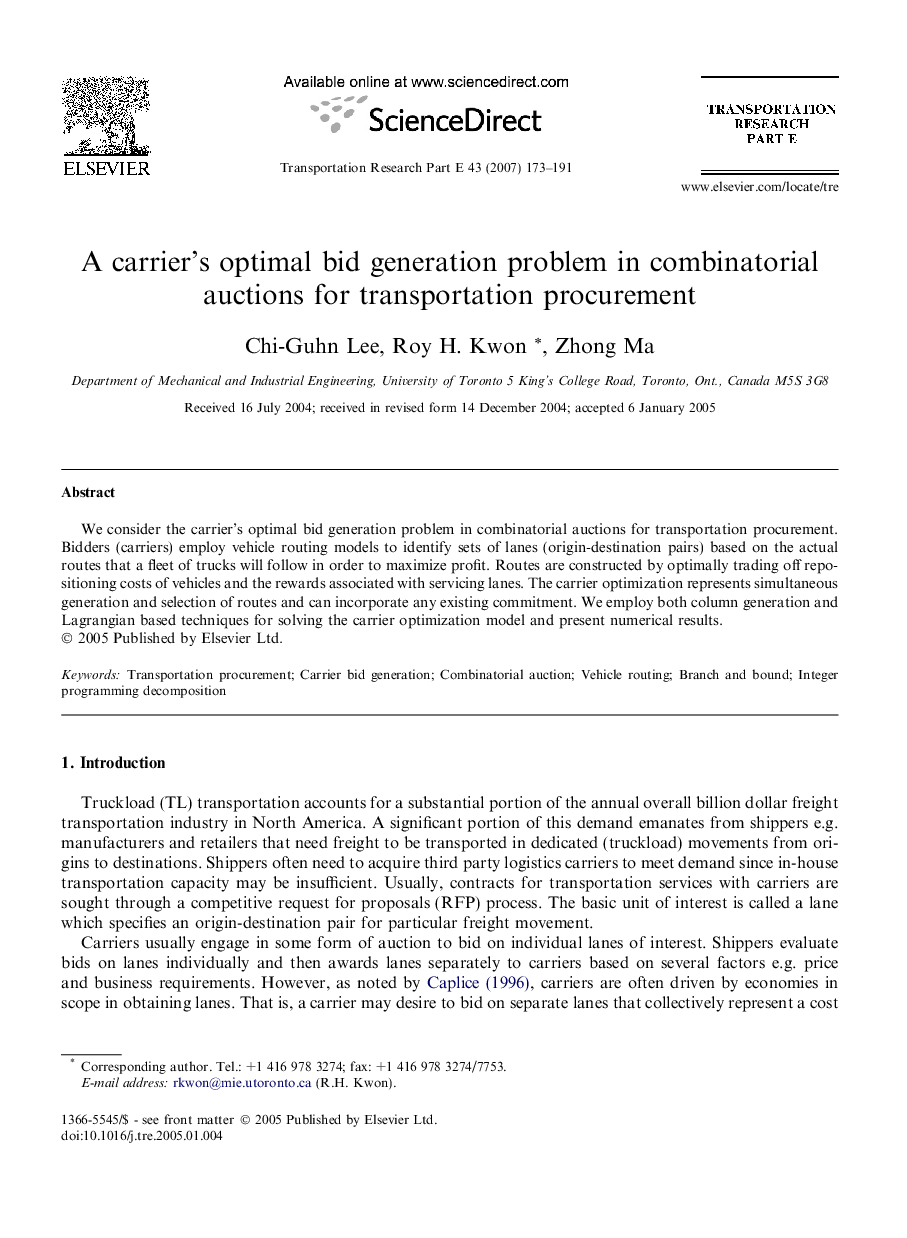 A carrier’s optimal bid generation problem in combinatorial auctions for transportation procurement