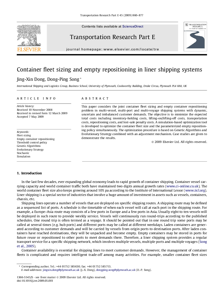 Container fleet sizing and empty repositioning in liner shipping systems