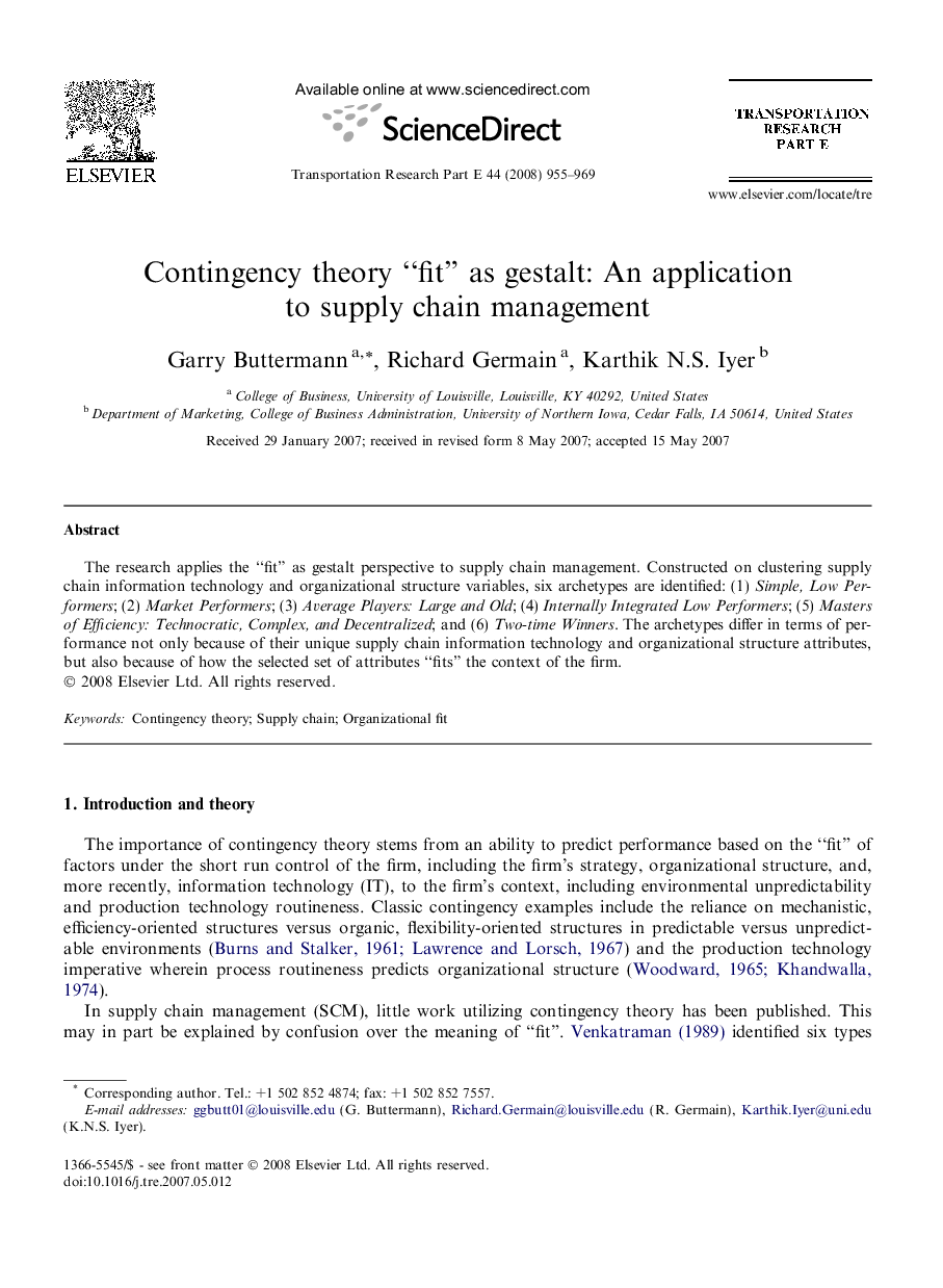 Contingency theory “fit” as gestalt: An application to supply chain management