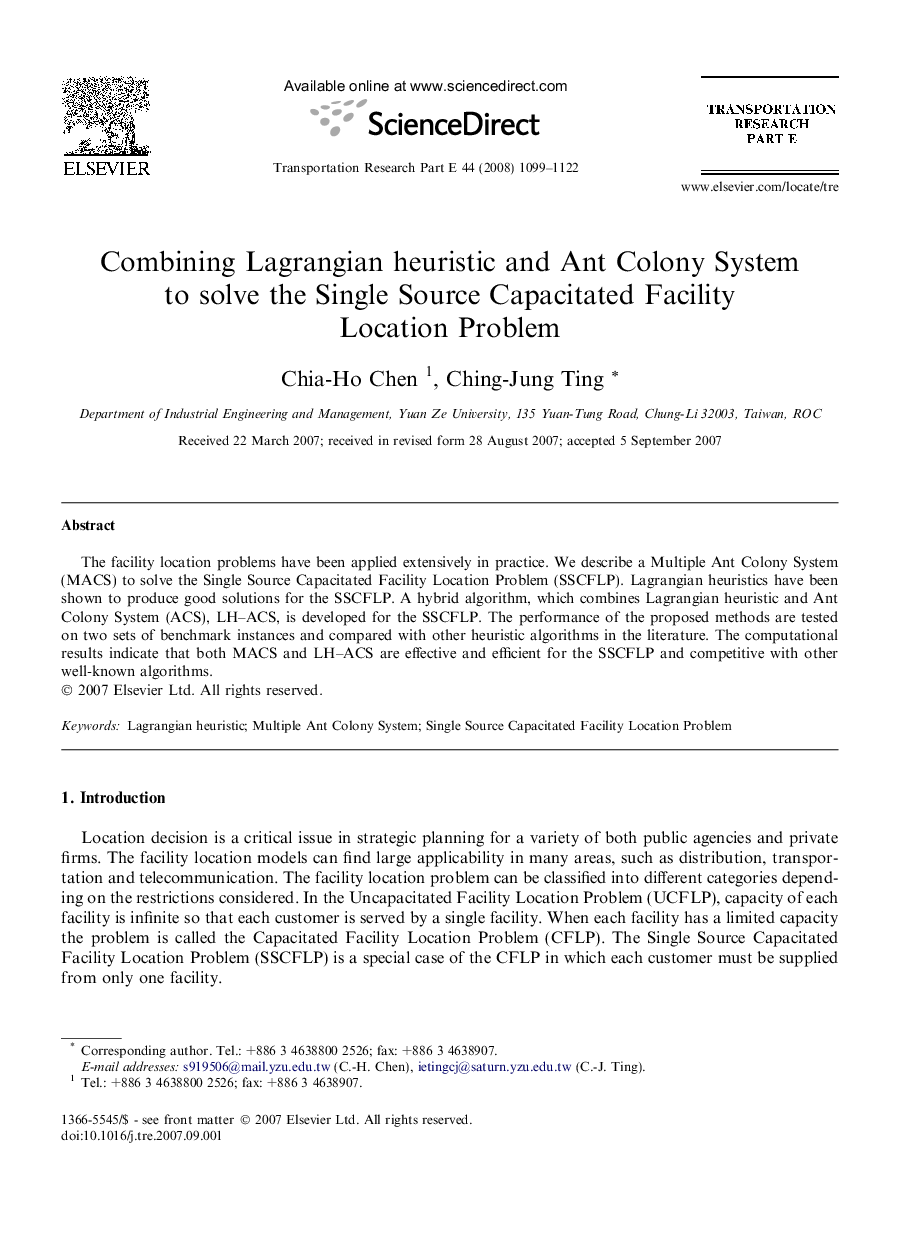 Combining Lagrangian heuristic and Ant Colony System to solve the Single Source Capacitated Facility Location Problem