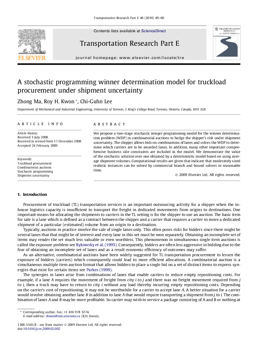 A stochastic programming winner determination model for truckload procurement under shipment uncertainty