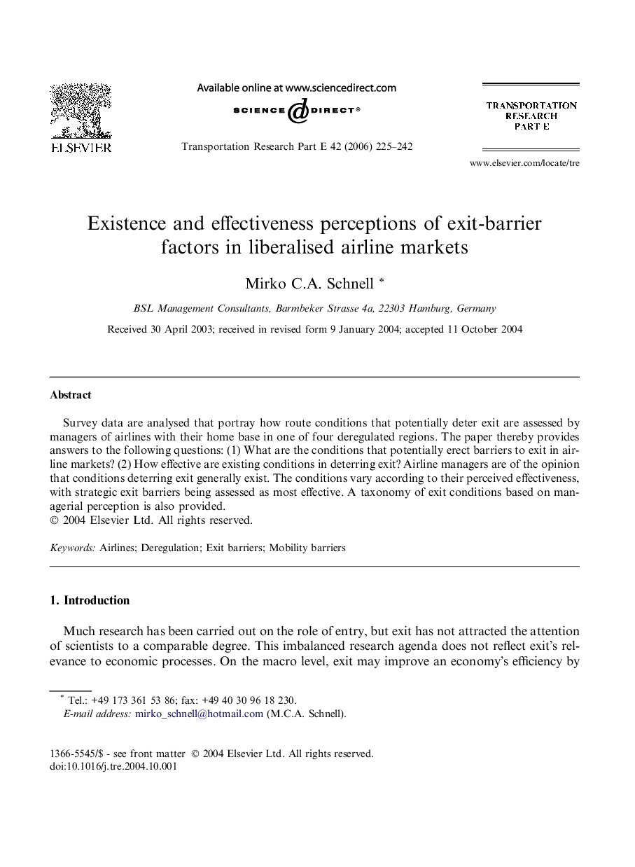 Existence and effectiveness perceptions of exit-barrier factors in liberalised airline markets