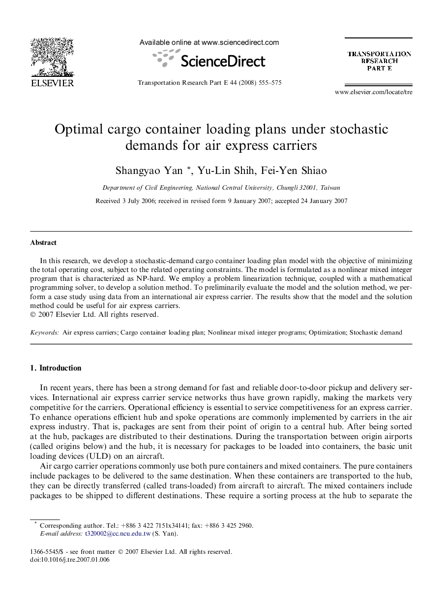 Optimal cargo container loading plans under stochastic demands for air express carriers