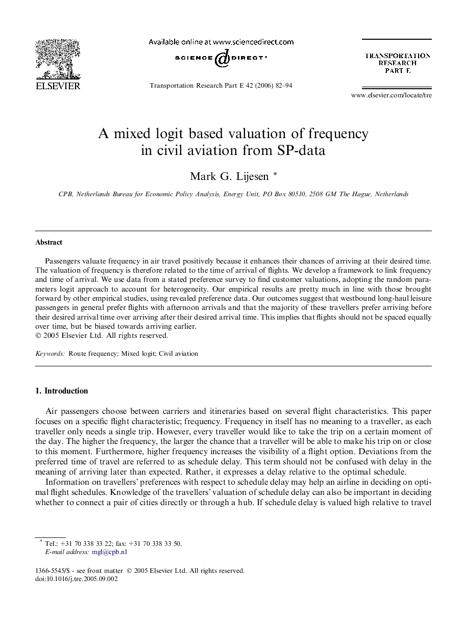 A mixed logit based valuation of frequency in civil aviation from SP-data