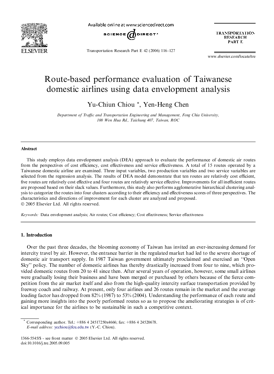 Route-based performance evaluation of Taiwanese domestic airlines using data envelopment analysis