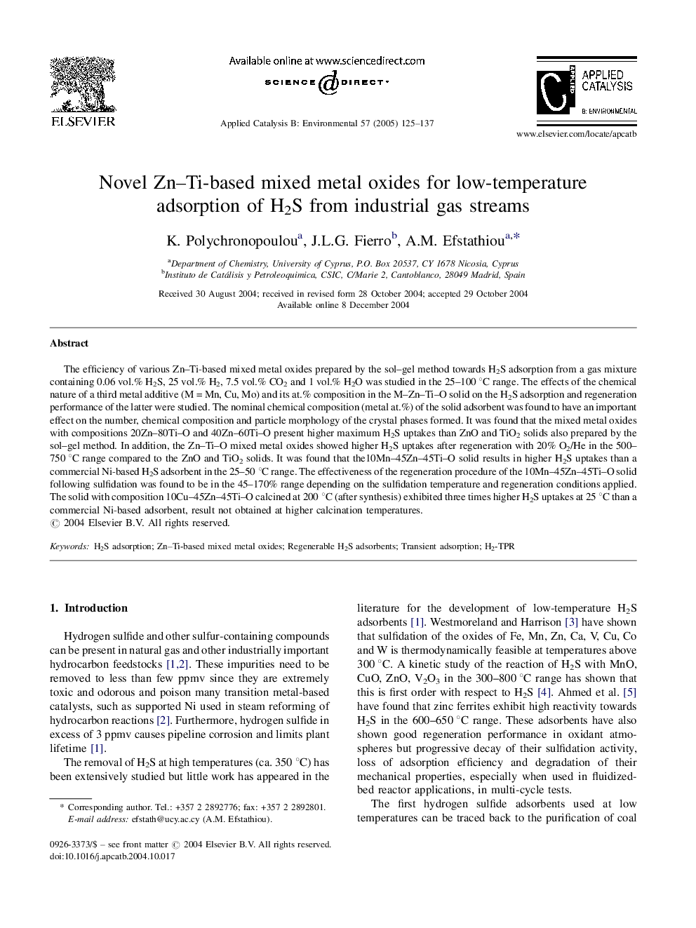 Novel Zn-Ti-based mixed metal oxides for low-temperature adsorption of H2S from industrial gas streams