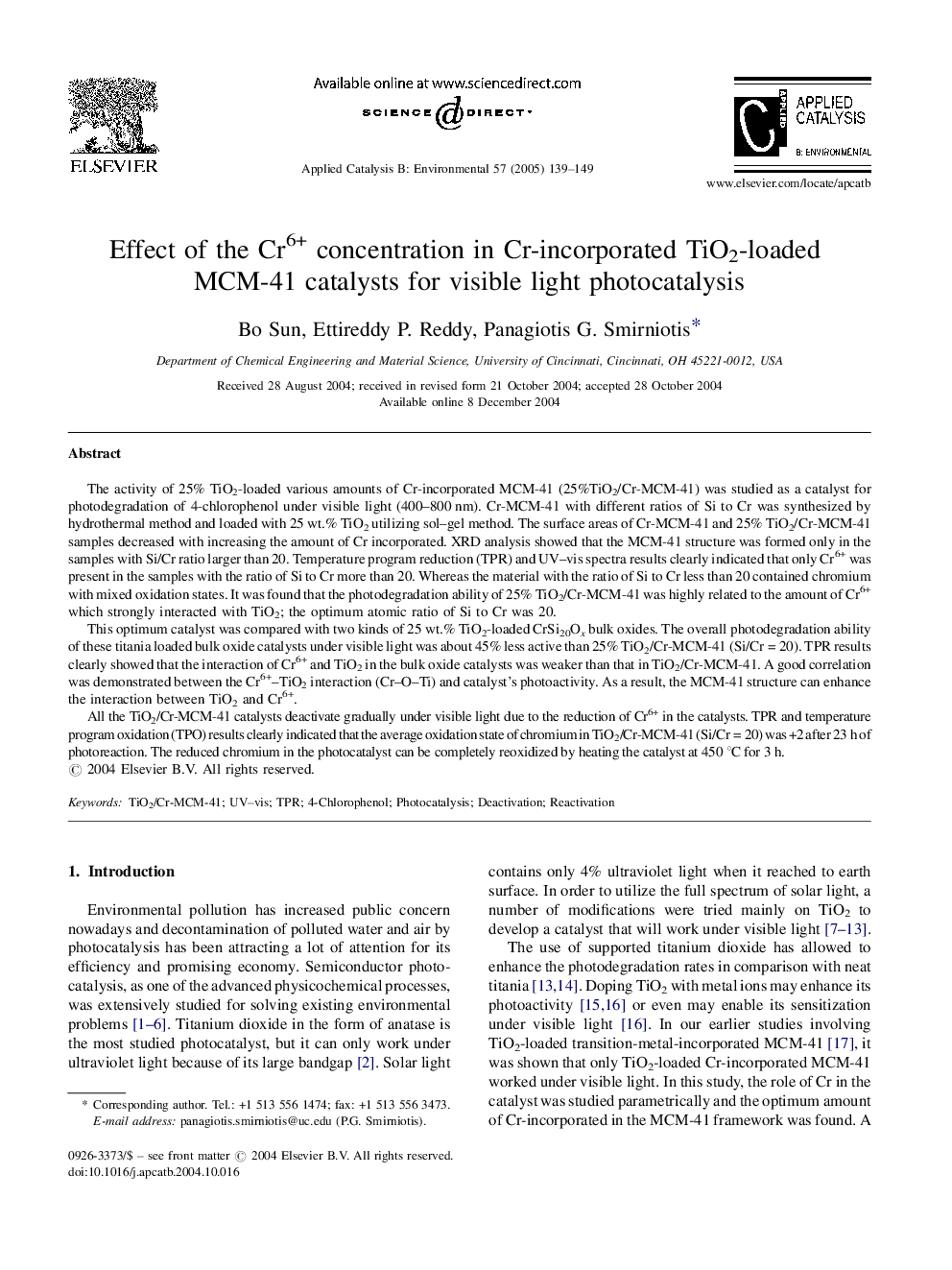 Effect of the Cr6+ concentration in Cr-incorporated TiO2-loaded MCM-41 catalysts for visible light photocatalysis