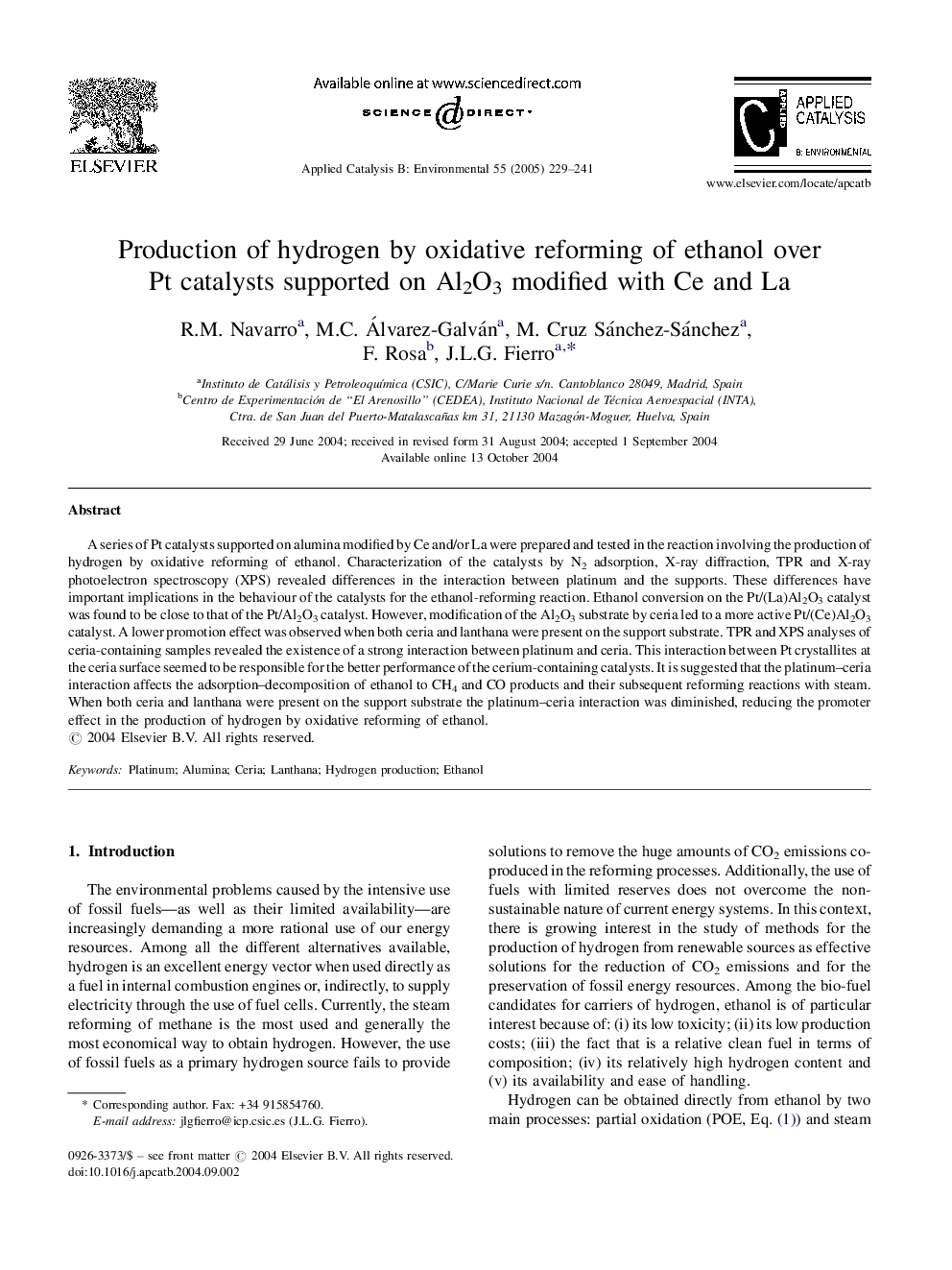 Production of hydrogen by oxidative reforming of ethanol over Pt catalysts supported on Al2O3 modified with Ce and La