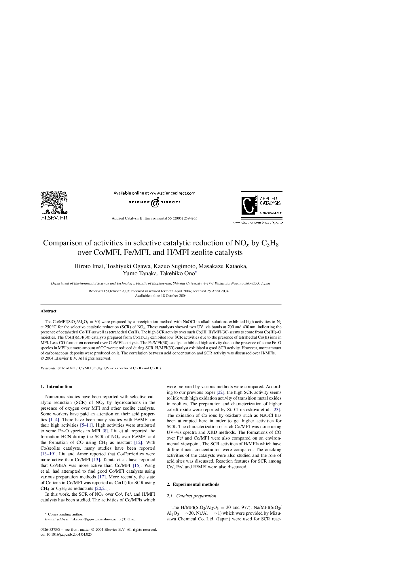 Comparison of activities in selective catalytic reduction of NOx by C3H8 over Co/MFI, Fe/MFI, and H/MFI zeolite catalysts