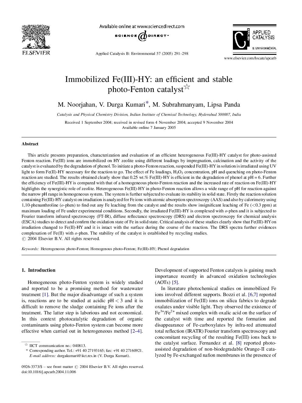 Immobilized Fe(III)-HY: an efficient and stable photo-Fenton catalyst