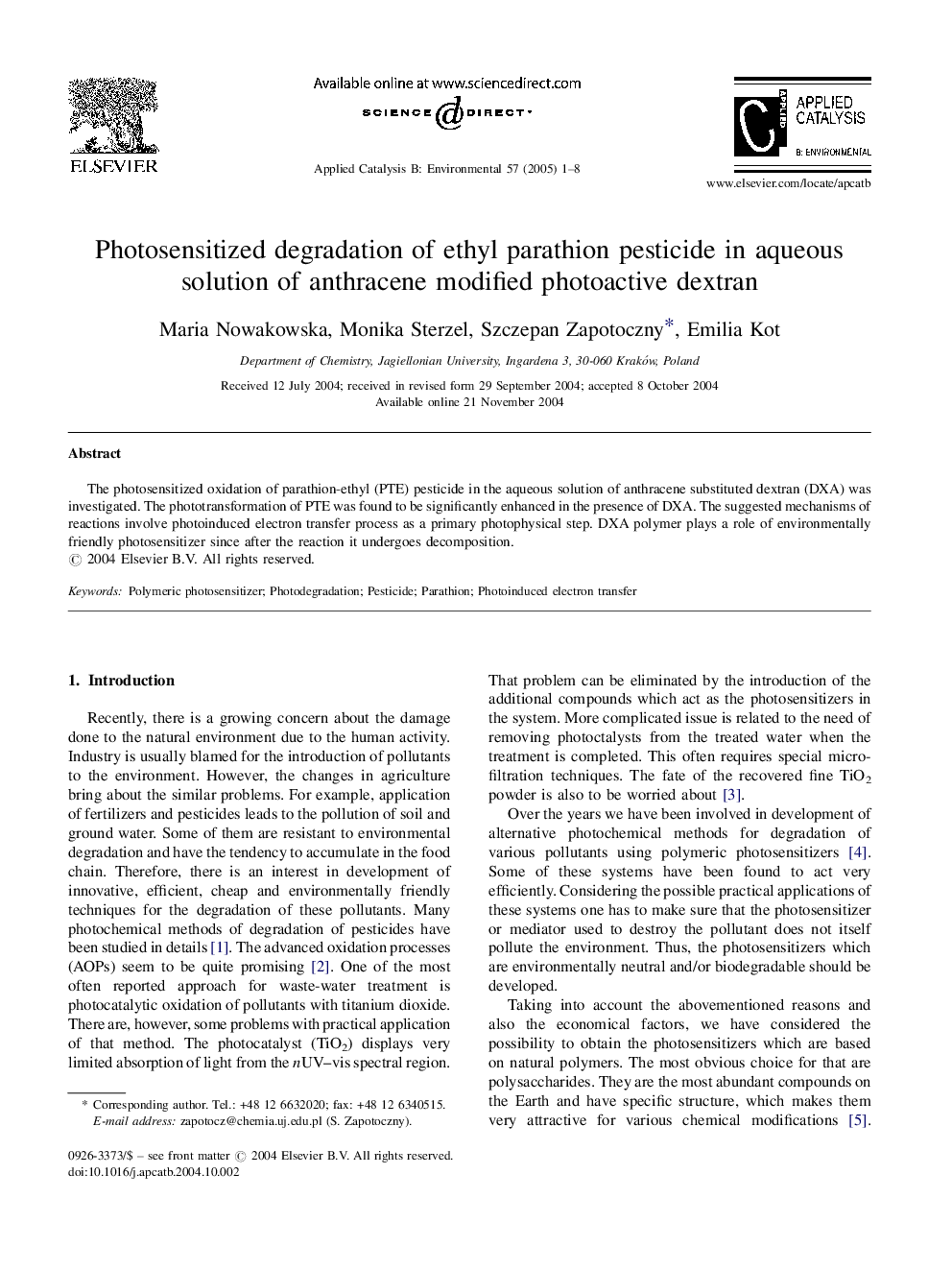 Photosensitized degradation of ethyl parathion pesticide in aqueous solution of anthracene modified photoactive dextran