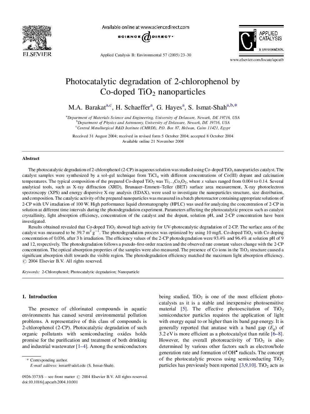 عکس صفحه اول مقاله: Photocatalytic degradation of 2-chlorophenol by Co-doped TiO2 nanoparticles Photocatalytic degradation of 2-chlorophenol by Co-doped TiO2 nanoparticles
