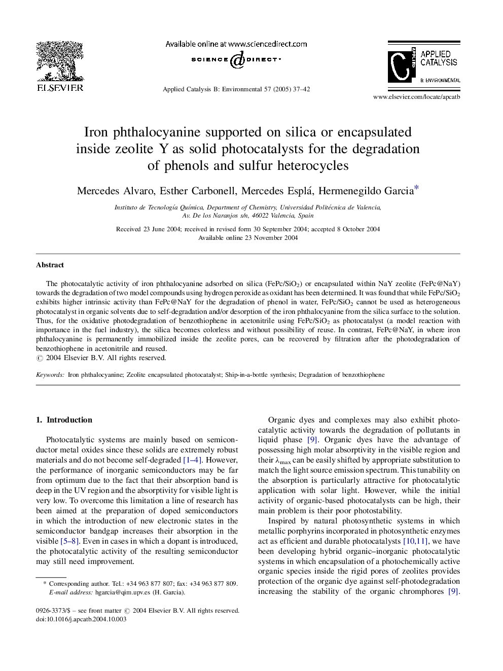عکس صفحه اول مقاله: Iron phthalocyanine supported on silica or encapsulated inside zeolite Y as solid photocatalysts for the degradation of phenols and sulfur heterocycles Iron phthalocyanine supported on silica or encapsulated inside zeolite Y as solid photocatalysts for the degradation of phenols and sulfur heterocycles