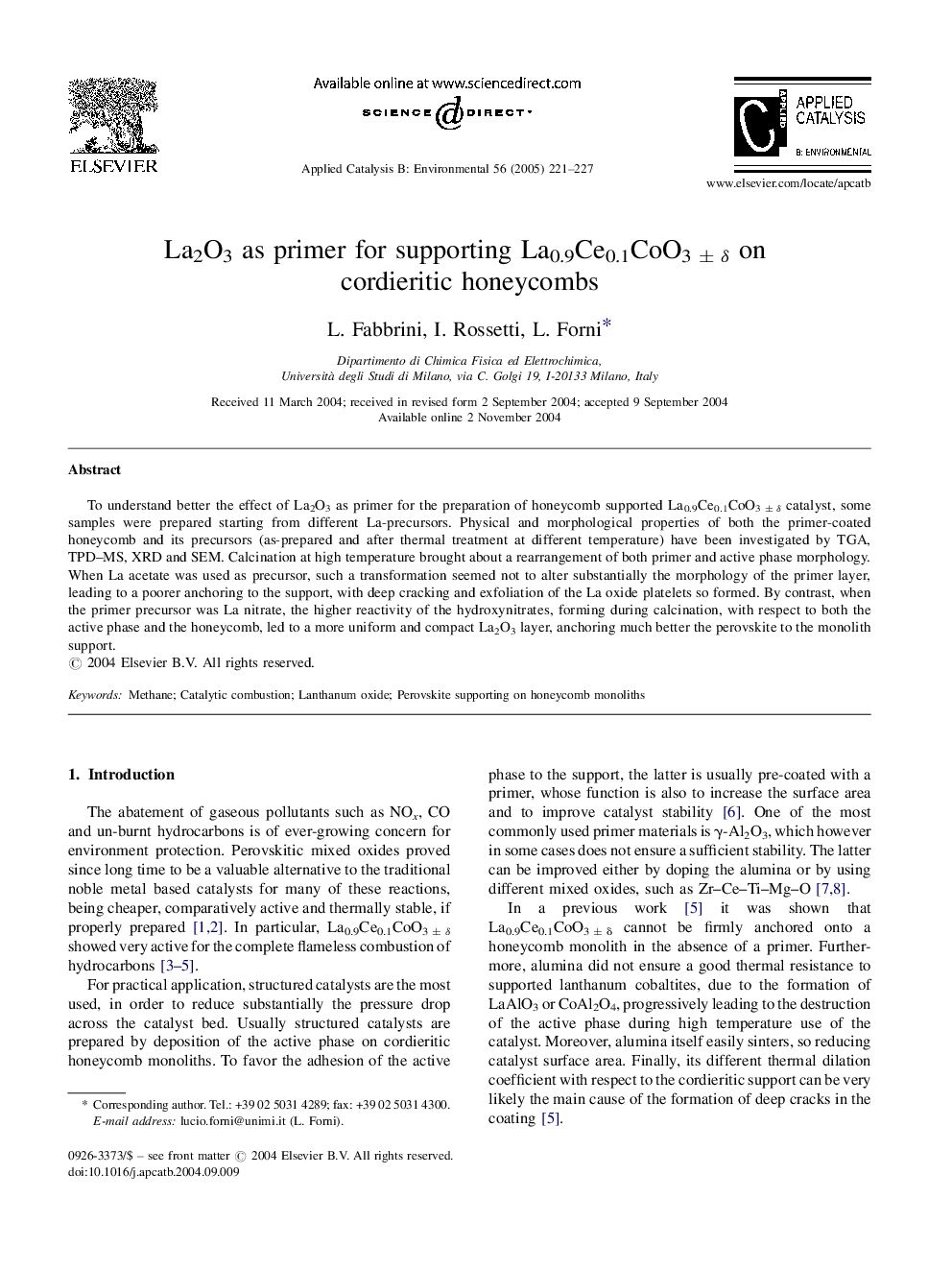 La2O3 as primer for supporting La0.9Ce0.1CoO3Â Â±Â Î´ on cordieritic honeycombs