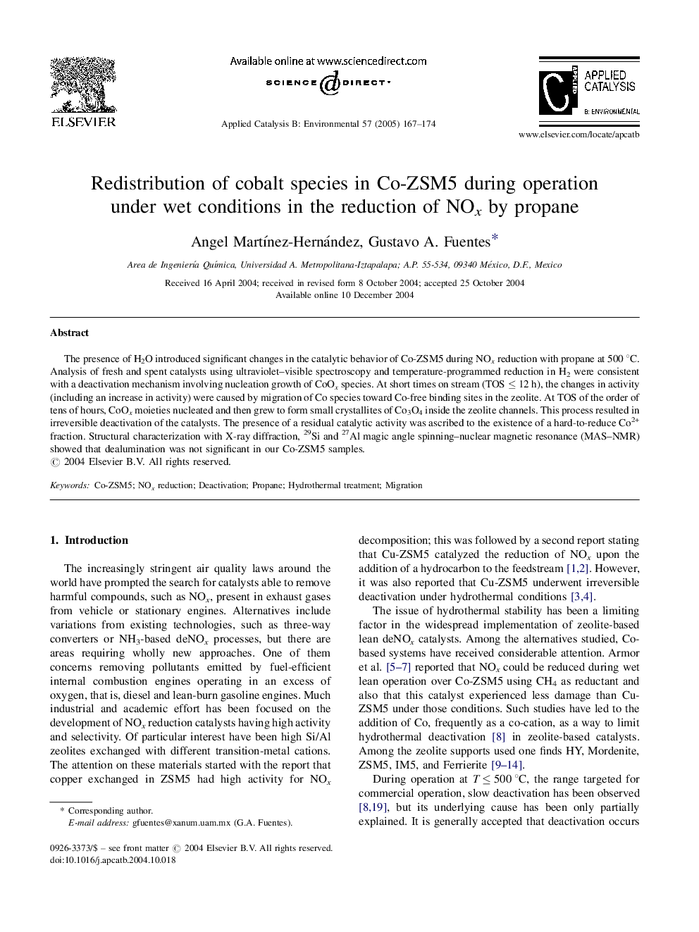 Redistribution of cobalt species in Co-ZSM5 during operation under wet conditions in the reduction of NOx by propane