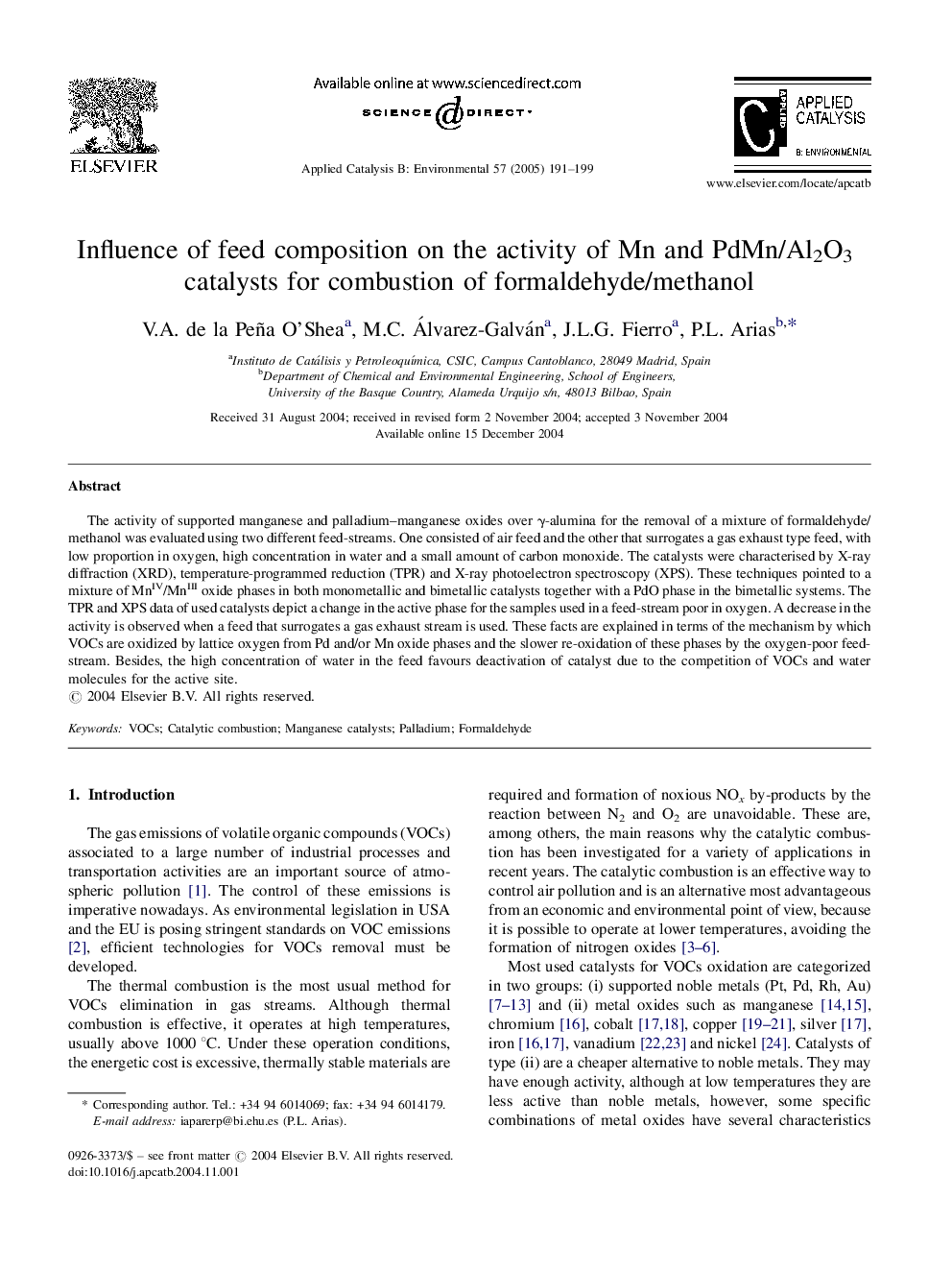 Influence of feed composition on the activity of Mn and PdMn/Al2O3 catalysts for combustion of formaldehyde/methanol