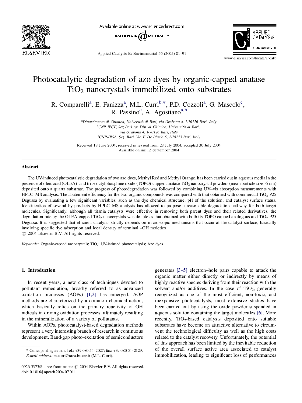 Photocatalytic degradation of azo dyes by organic-capped anatase TiO2 nanocrystals immobilized onto substrates