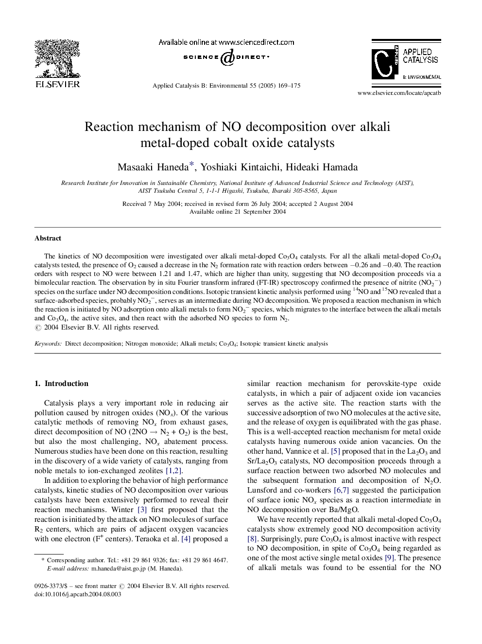 Reaction mechanism of NO decomposition over alkali metal-doped cobalt oxide catalysts