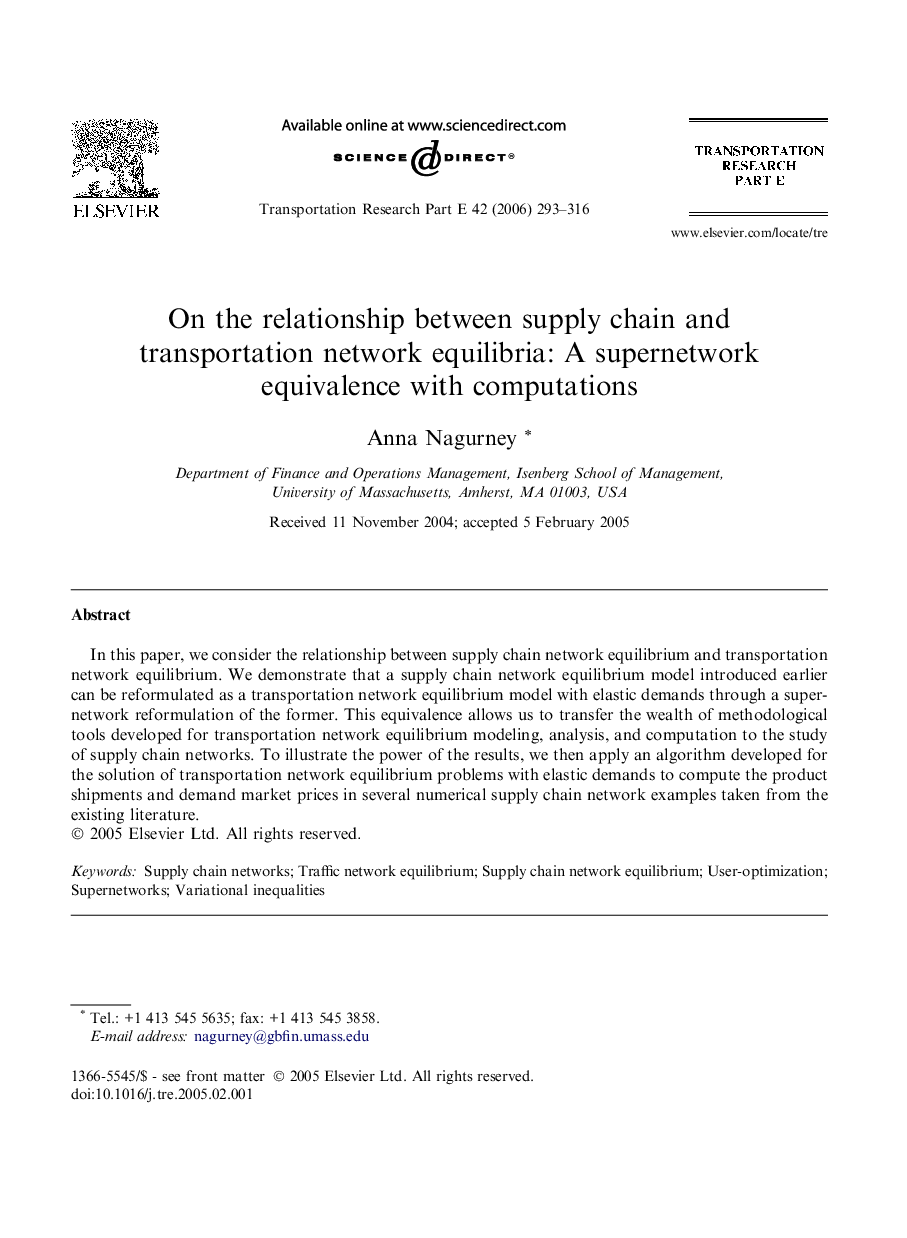 On the relationship between supply chain and transportation network equilibria: A supernetwork equivalence with computations