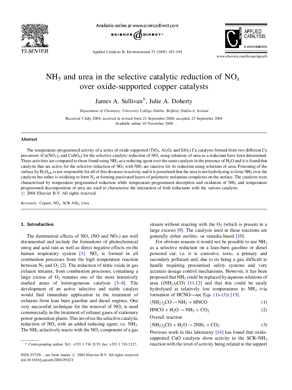 NH3 and urea in the selective catalytic reduction of NOx over oxide-supported copper catalysts