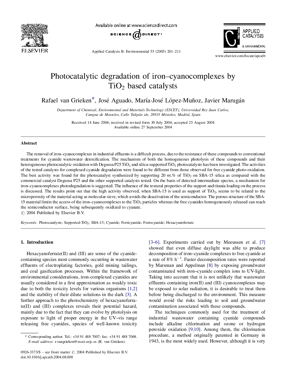 Photocatalytic degradation of iron-cyanocomplexes by TiO2 based catalysts