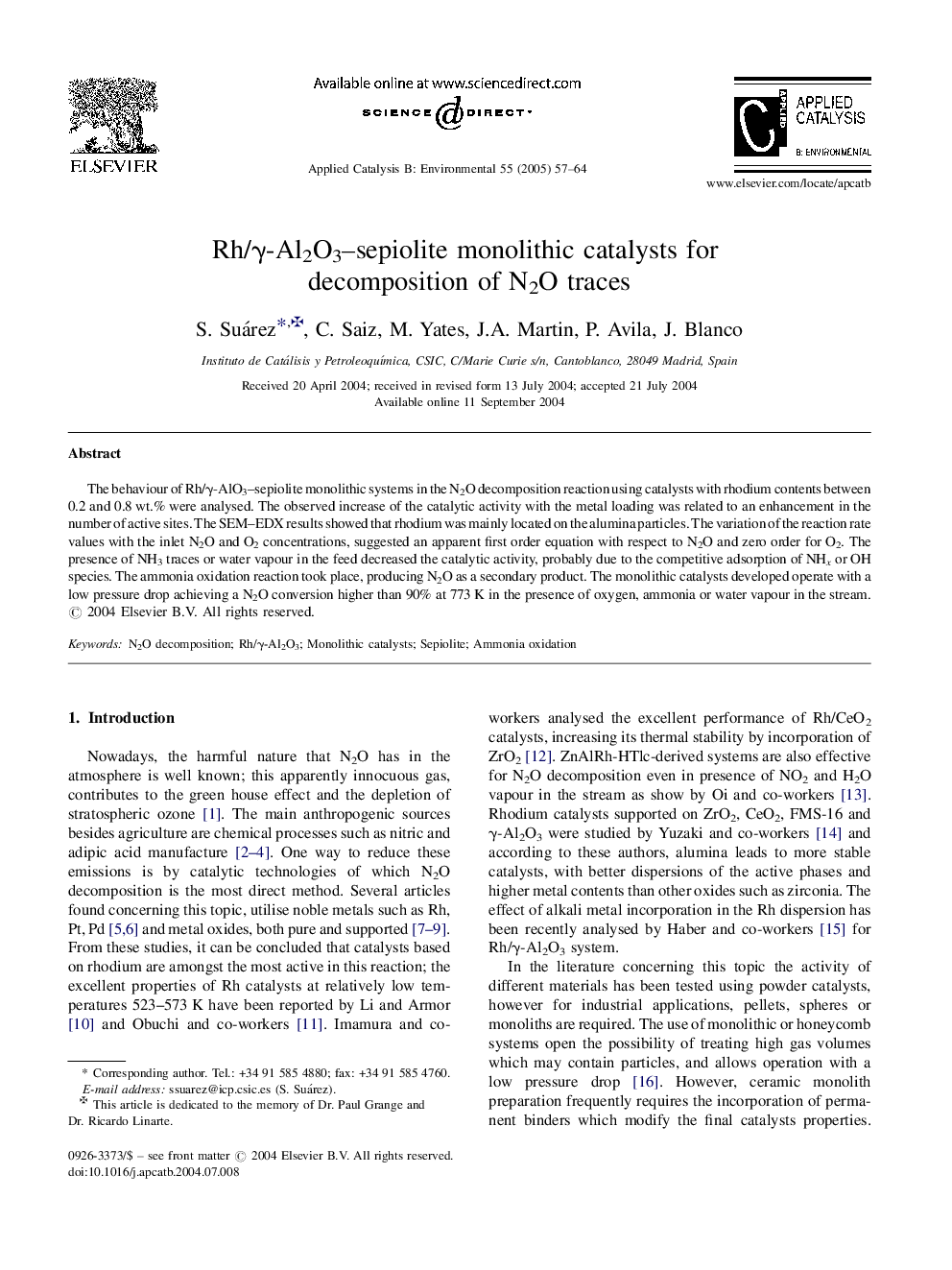 Rh/Î³-Al2O3-sepiolite monolithic catalysts for decomposition of N2O traces