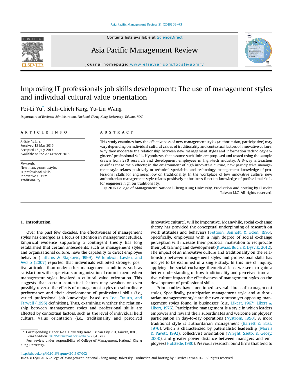 Improving IT professionals job skills development: The use of management styles and individual cultural value orientation 