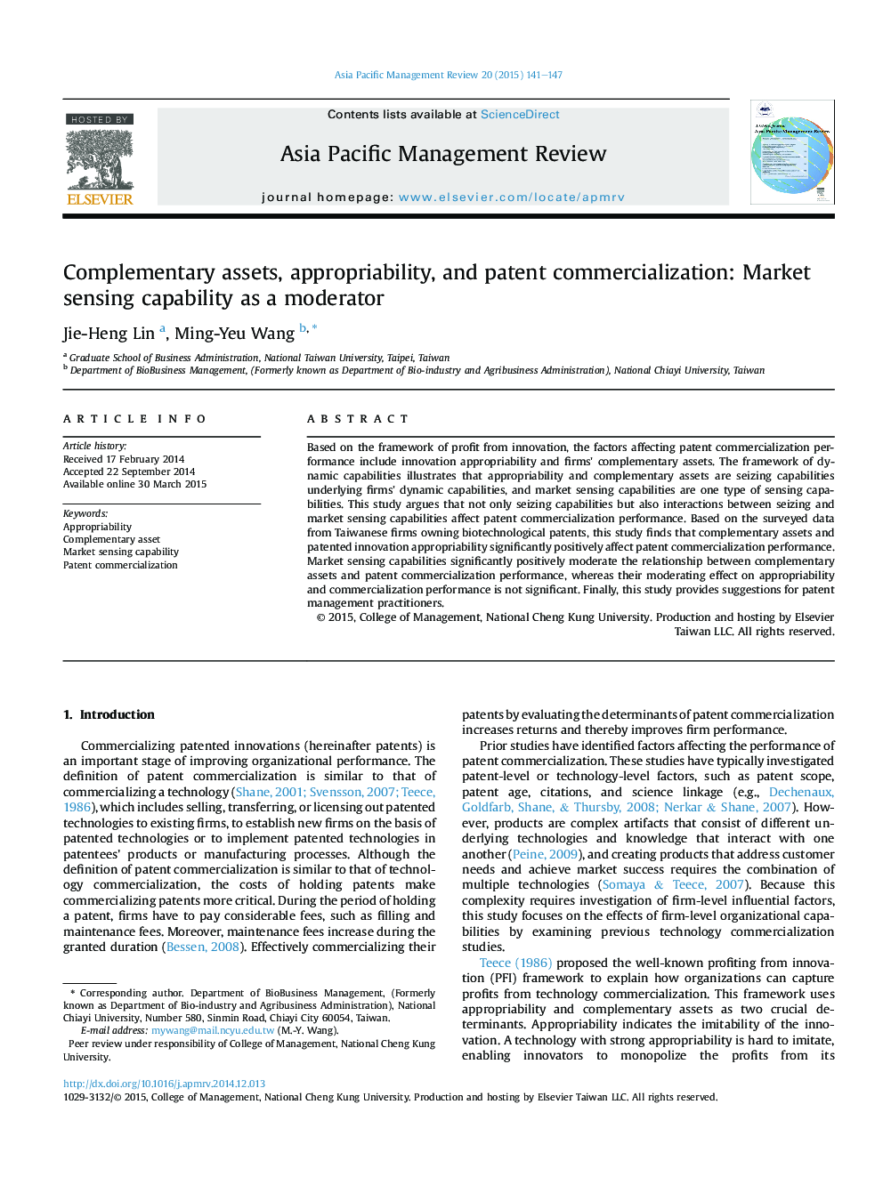 Complementary assets, appropriability, and patent commercialization: Market sensing capability as a moderator 