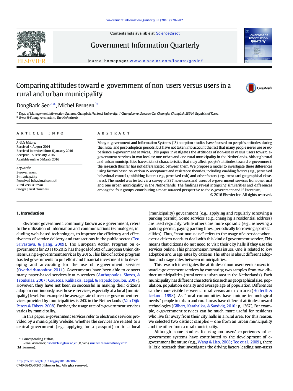 Comparing attitudes toward e-government of non-users versus users in a rural and urban municipality