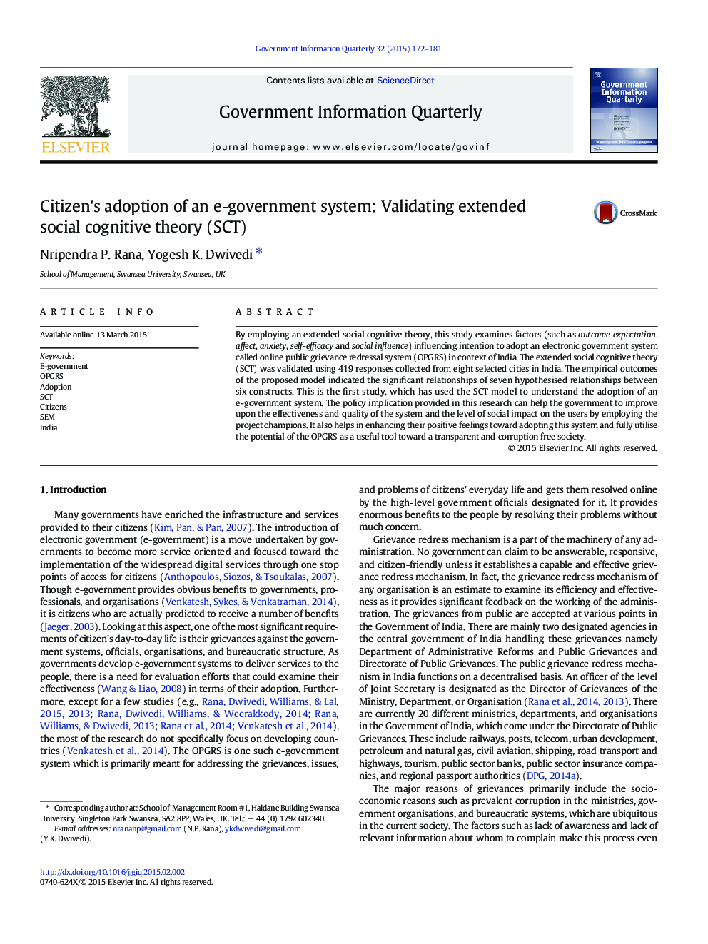 Citizen's adoption of an e-government system: Validating extended social cognitive theory (SCT)