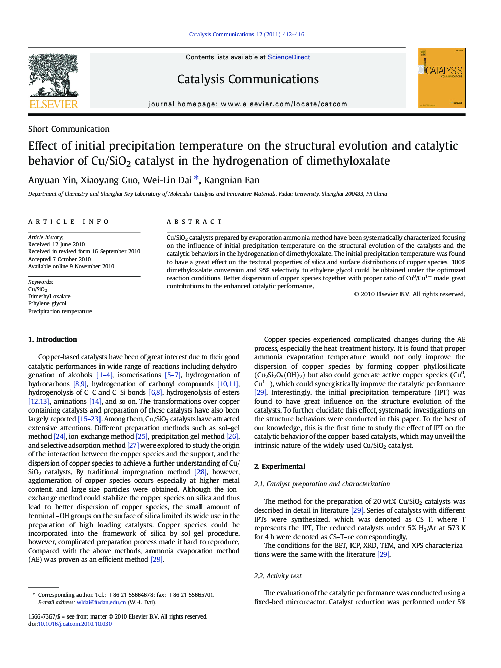 Effect of initial precipitation temperature on the structural evolution and catalytic behavior of Cu/SiO2 catalyst in the hydrogenation of dimethyloxalate
