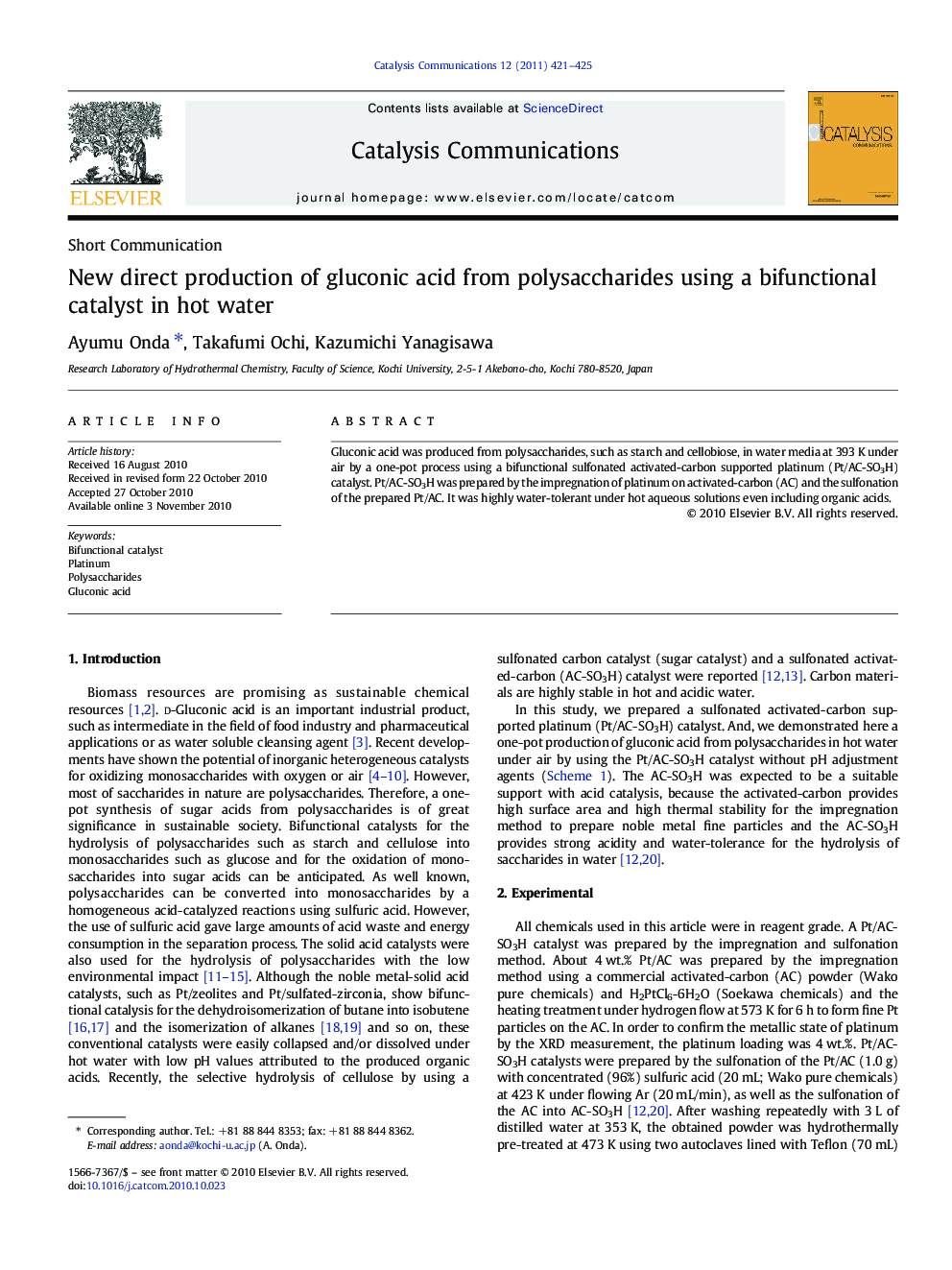 New direct production of gluconic acid from polysaccharides using a bifunctional catalyst in hot water