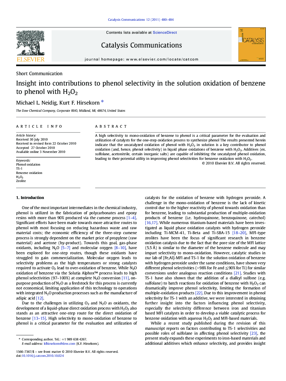 Insight into contributions to phenol selectivity in the solution oxidation of benzene to phenol with H2O2