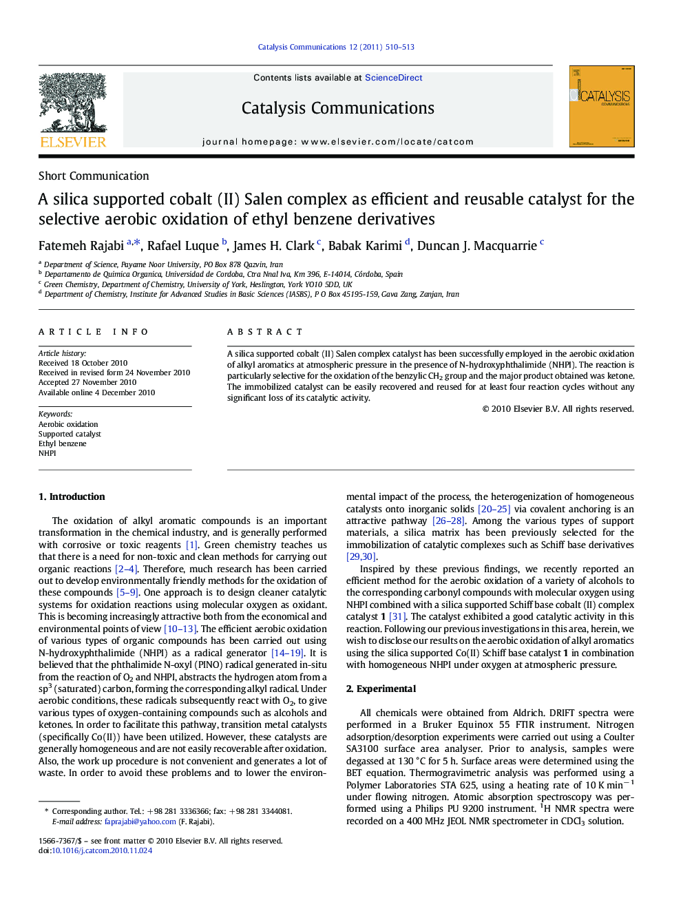 A silica supported cobalt (II) Salen complex as efficient and reusable catalyst for the selective aerobic oxidation of ethyl benzene derivatives